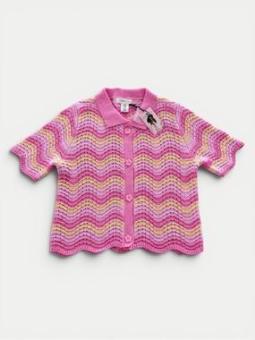 Sincerely Jules Crochet Knit Cardigan Top Women’s Medium Pink Button Front NWT